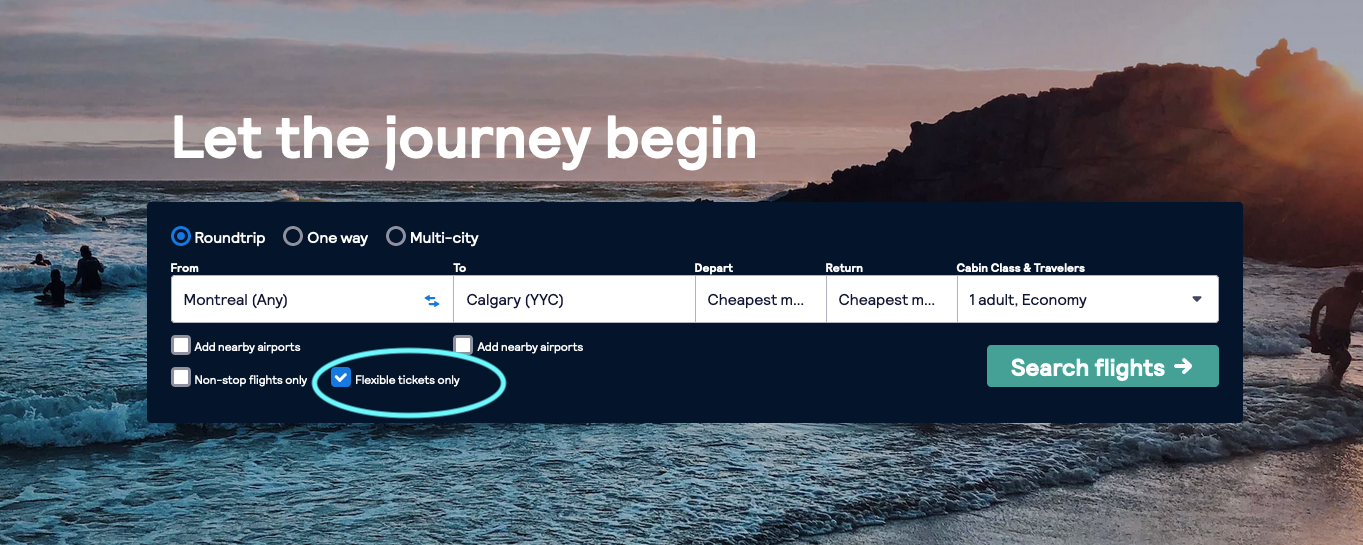 flight search page on skyscanner, tool for booking flexible tickets only for more flexible travel options