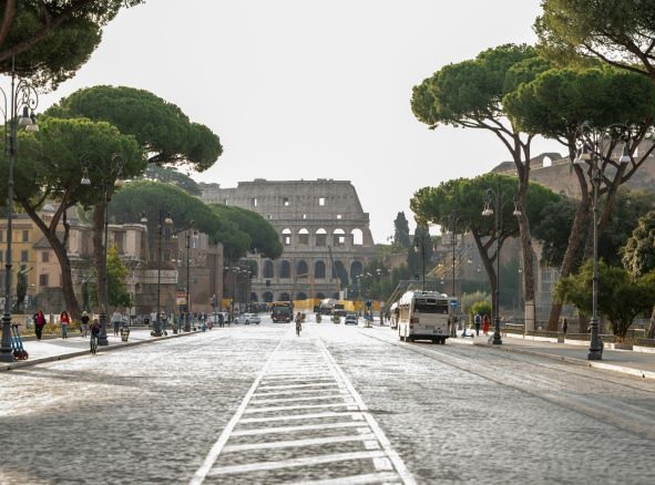 View of the historic Roman building the Colosseum, known locally as Colosseo, from afar down a tree lined street