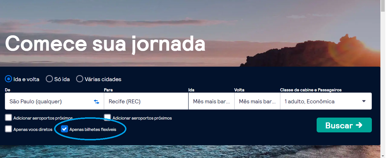 Tela da página inicial do site Skyscanner indicando a opção apenas bilhetes flexíveis.