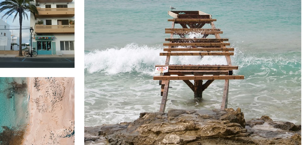 Collage di scene di spiaggia: un edificio con una palma, una vista aerea della spiaggia e un'onda che si infrange su una struttura di legno nel mare.