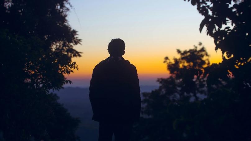 someone facing the sunset surrounded by trees