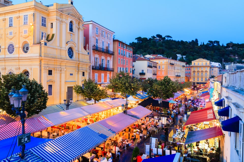 Open air restaurants in Cours Saleya, Old Town, Nice, Cote D'Azur, France.