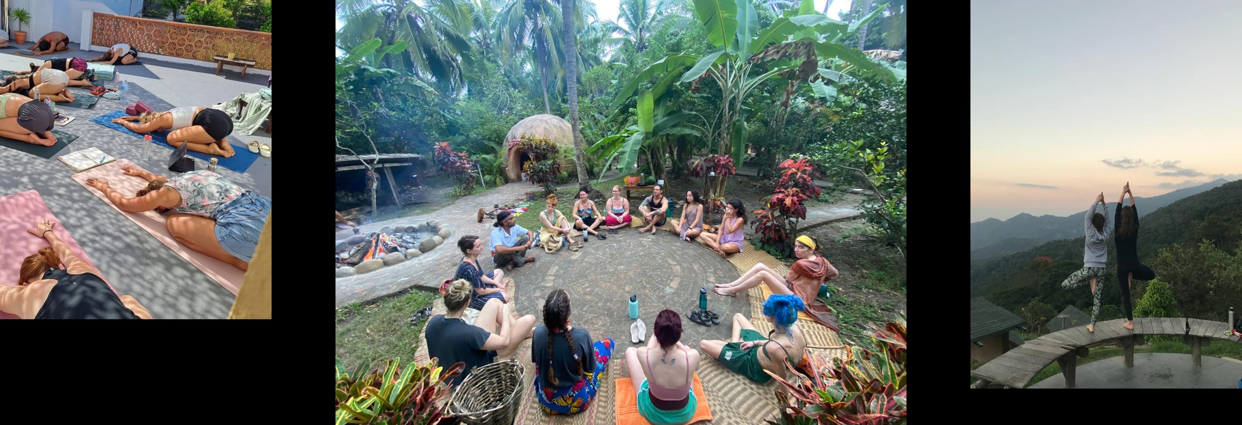People sitting in a circle on a wellness retreat in the jungle in a tropical region.