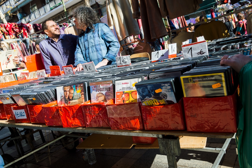 Stall with vinyl records at El Rastro - top 10 cheap things to do in Madrid