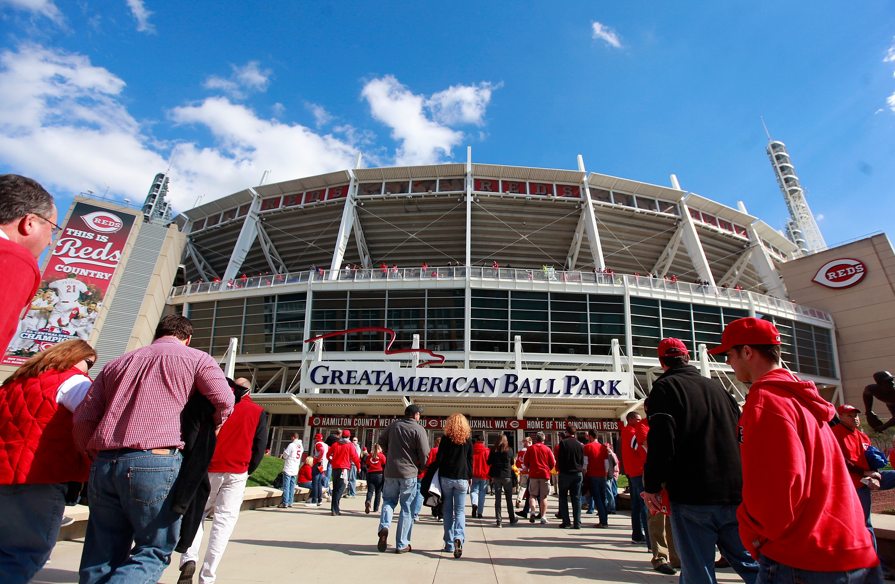 Fans entering Great American Ball Park before the Cincinnati Reds take on the San Francisco Giants in the National League Division Series game on Wednesday, October 10, 2012.