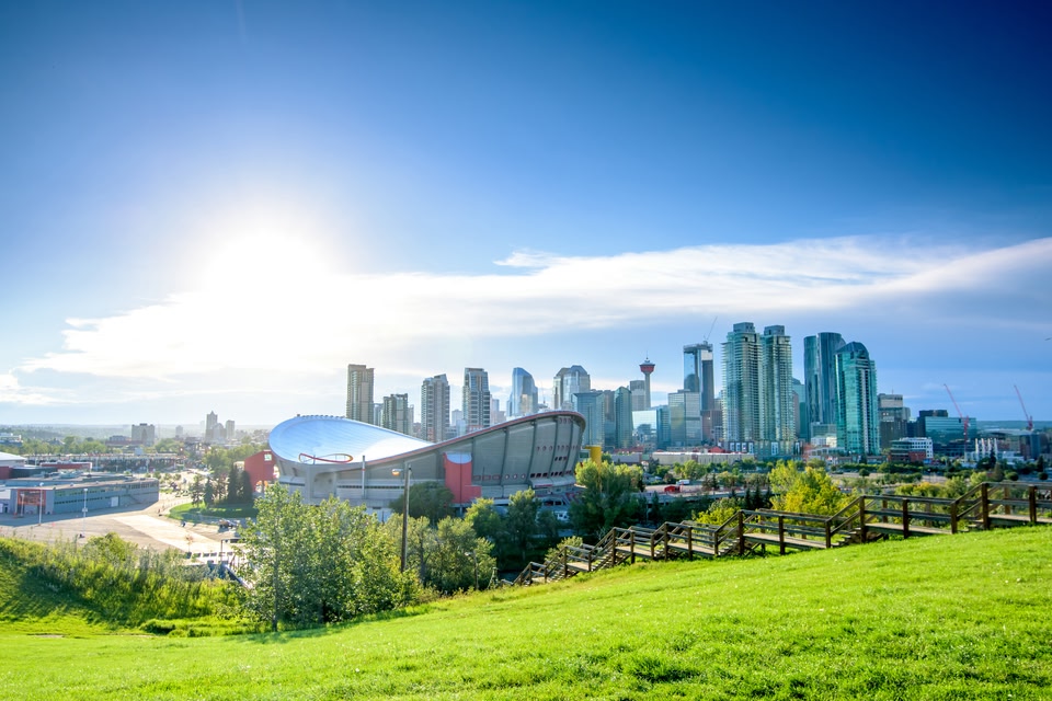 Beautiful Calgary city skyline from scotsmanâ€™s hill on a sunny day, Canada