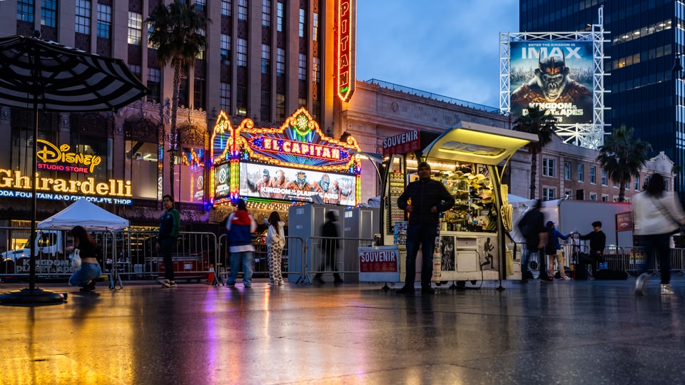 The neon lights at Hollywood Boulevard at night