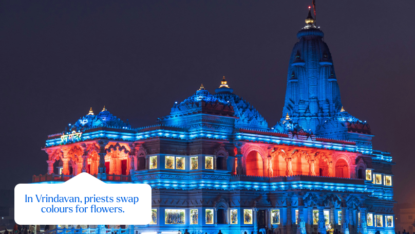 A stunning and captivating view of the illuminated Vrindavan temple at night, adorned with colorful lights in celebration of the Holi festival.