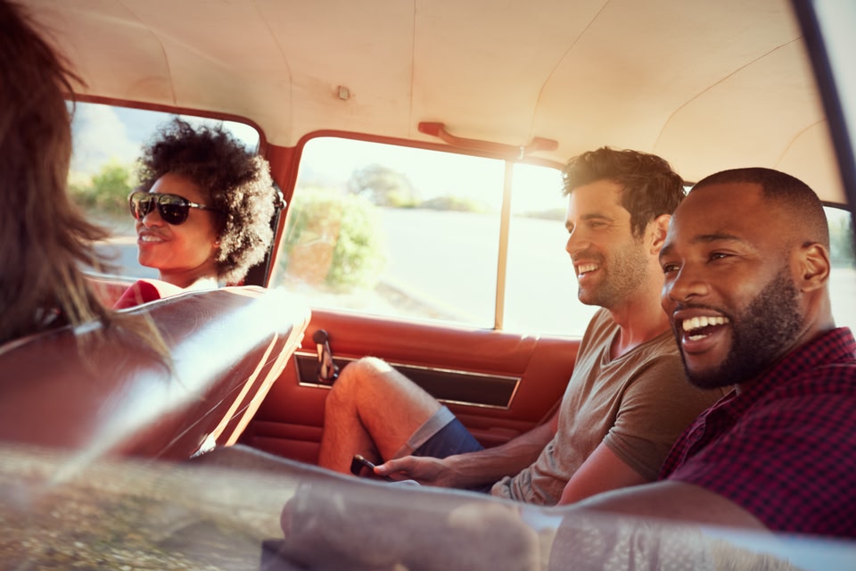Group Of Friends Relaxing In Car During Road Trip; Shutterstock ID 670642459; purchase_order: PODSN0621001; job: ; client: Skyscanner; other: