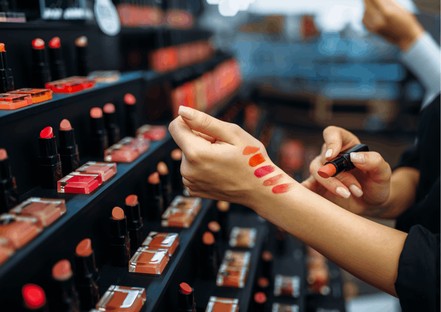 Testing lip stick shades in a store