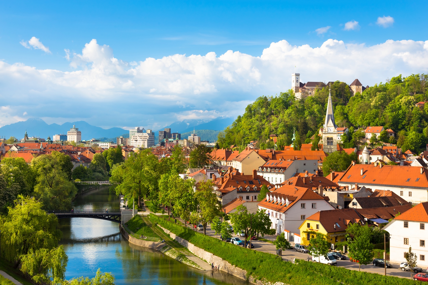 Blue skies and greenery in Ljubljana, Slovenia.