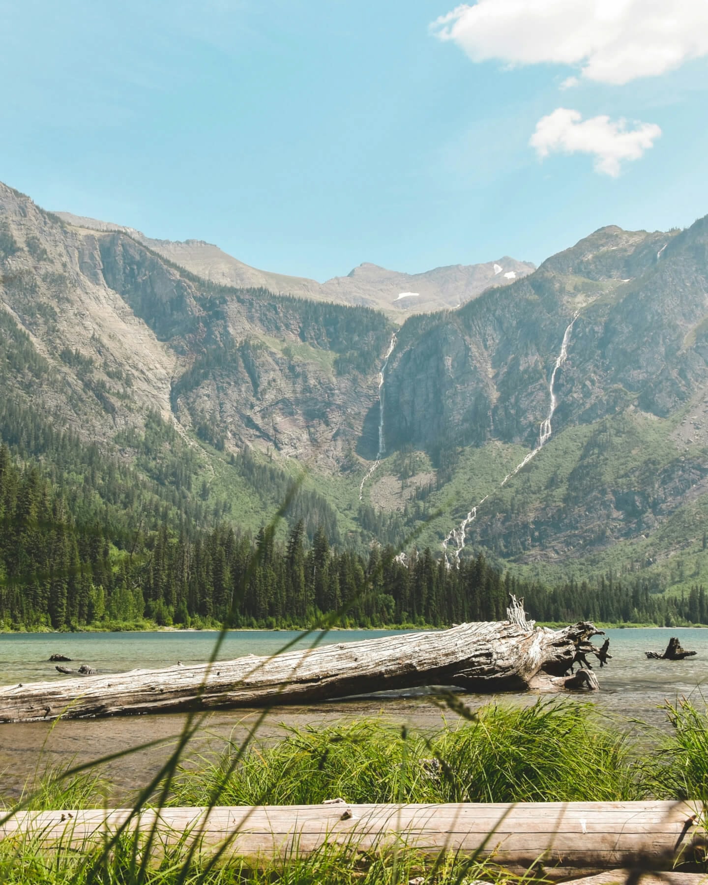 A lake in front of a mountainous backdrop with a large fallen tree trunk in the foreground