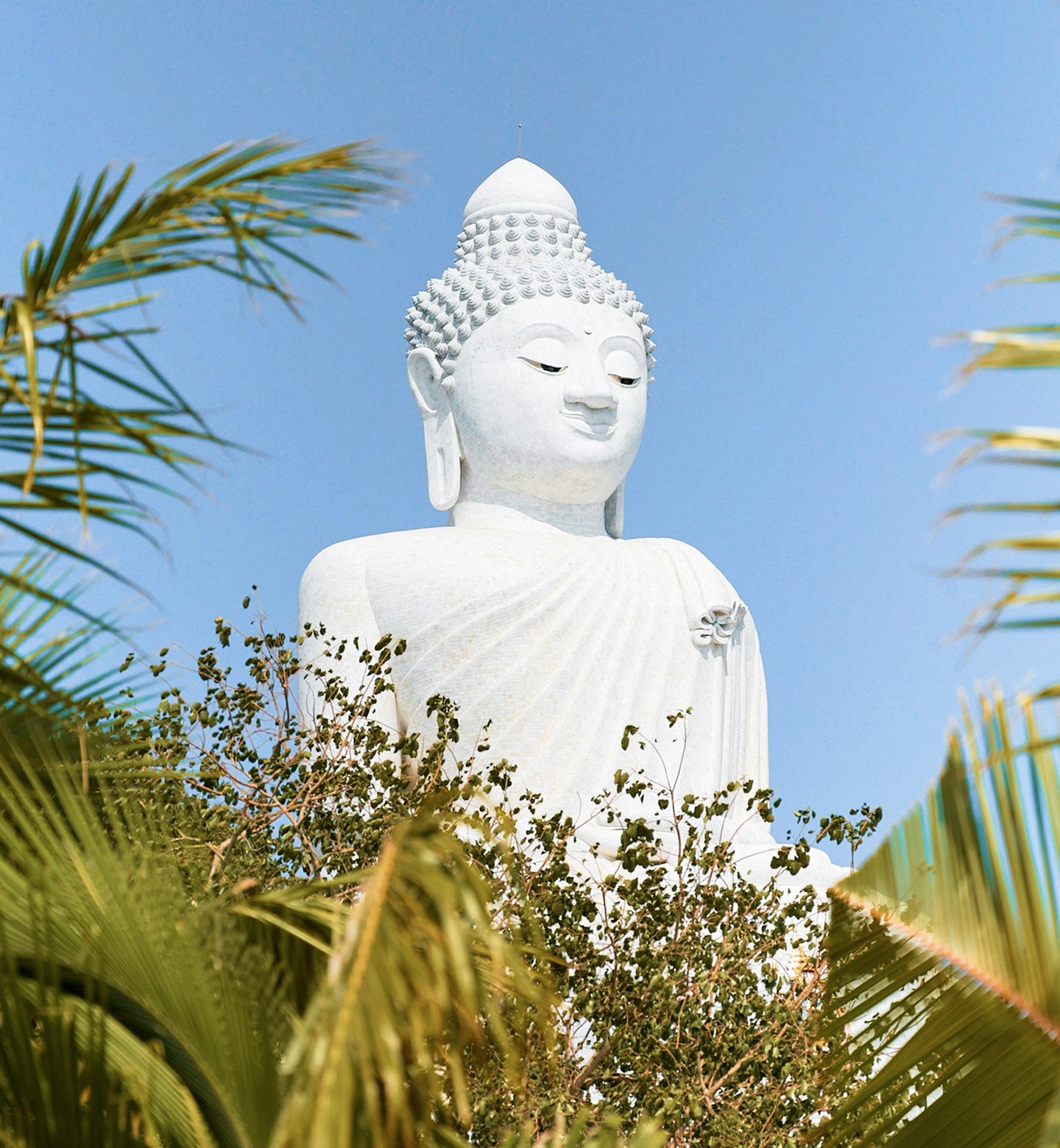 A large, white Buddha statue rises up above treetops in Phuket, Thailand.