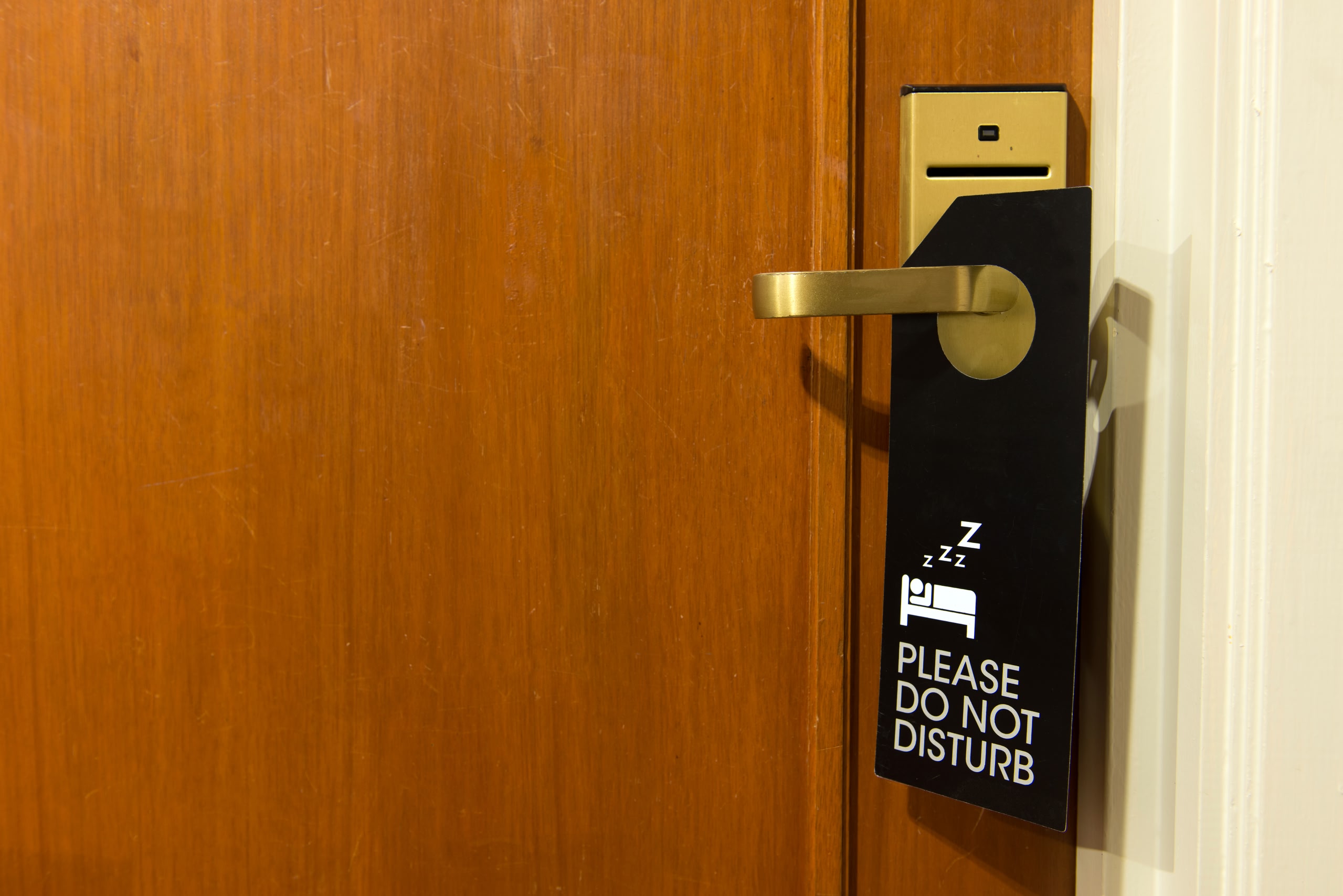 A please do not disturb sign hanging on a hotel room door