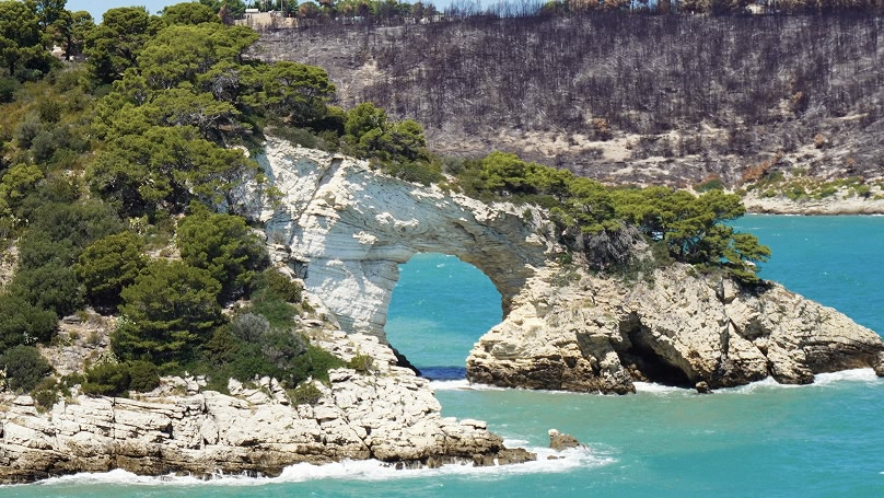  Arco naturale di roccia bianca coperto di vegetazione che si affaccia su un mare turchese.
