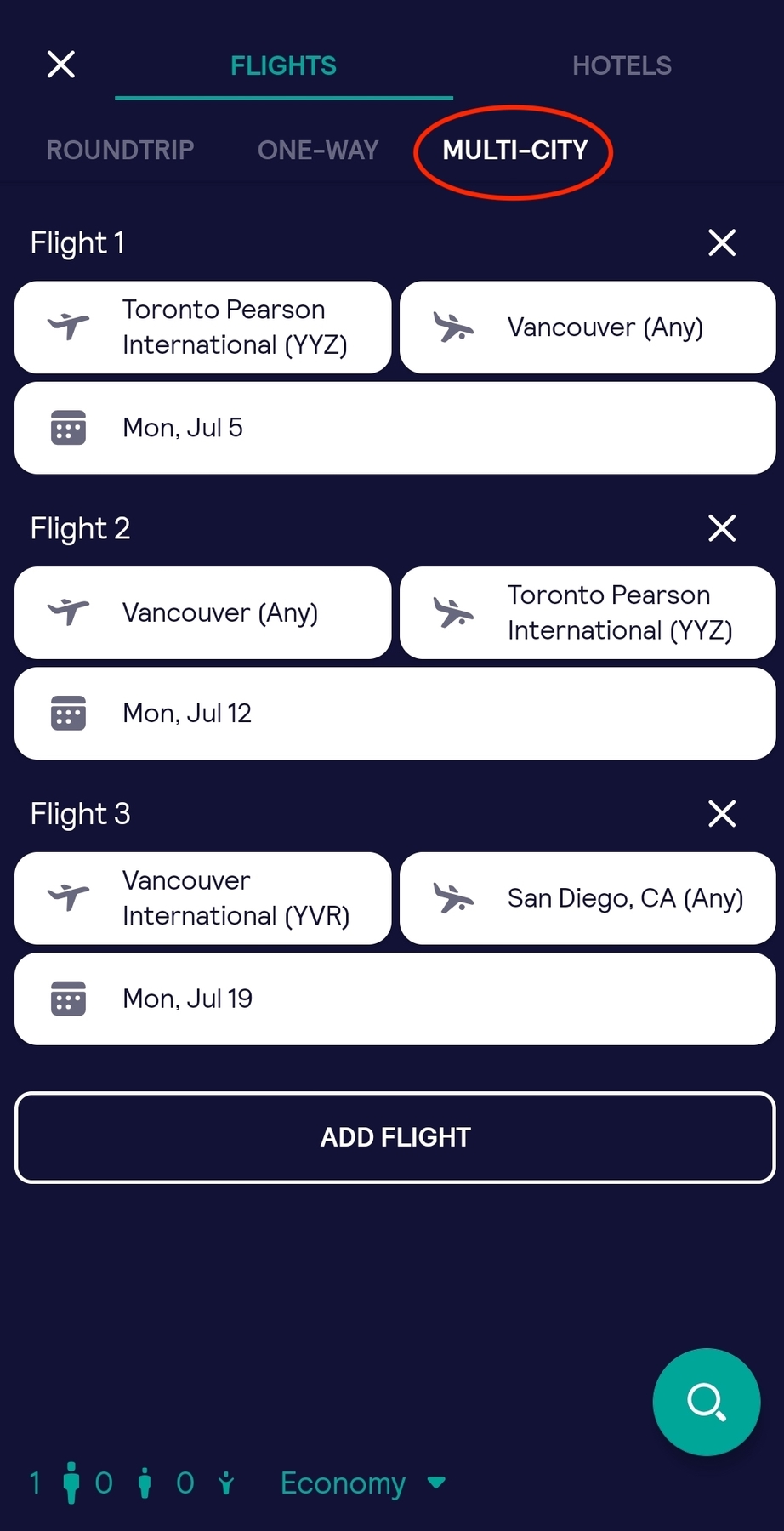multi city flight search on Skyscanner's travel app