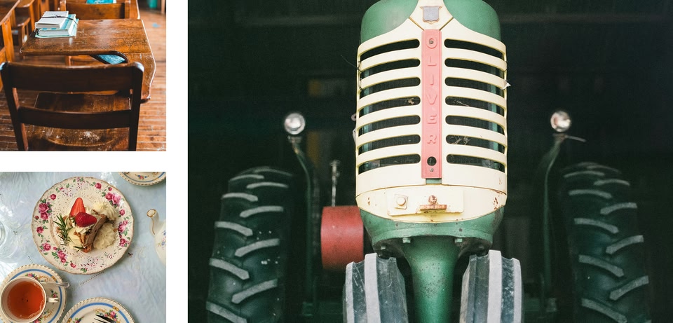 A collage of three images: a wooden school desk with books, a floral plate with a slice of cake and a cup of tea, and the front of a vintage green and white Oliver tractor with large tires.