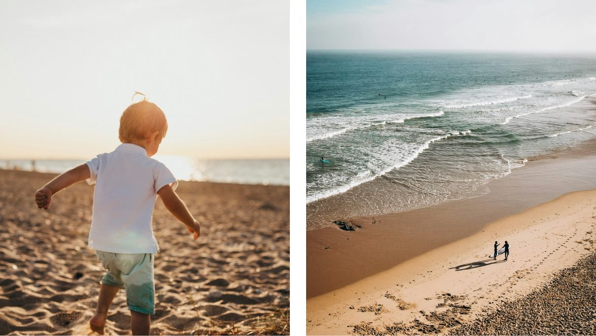 Une photo d'un enfant jouant sur la plage et une autre d'un couple marchant sur une plage de sable