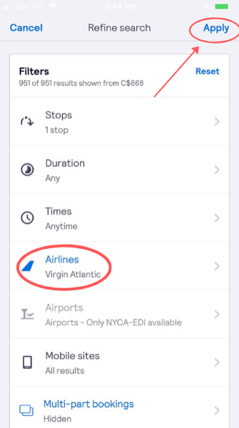 screenshot demonstrating how to filter for Virgin Atlantic flights on the app