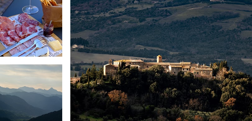 un tagliere di salumi e formaggi, un borgo medievale arroccato su una collina e una vista panoramica delle montagne.