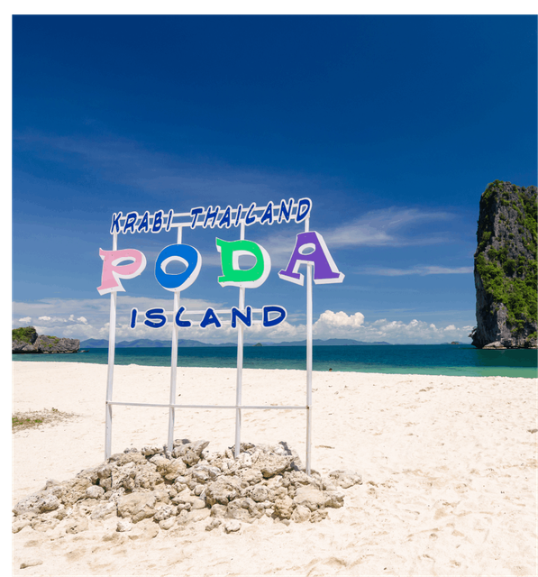 A sign at Koh Poda beach welcoming people to the beach