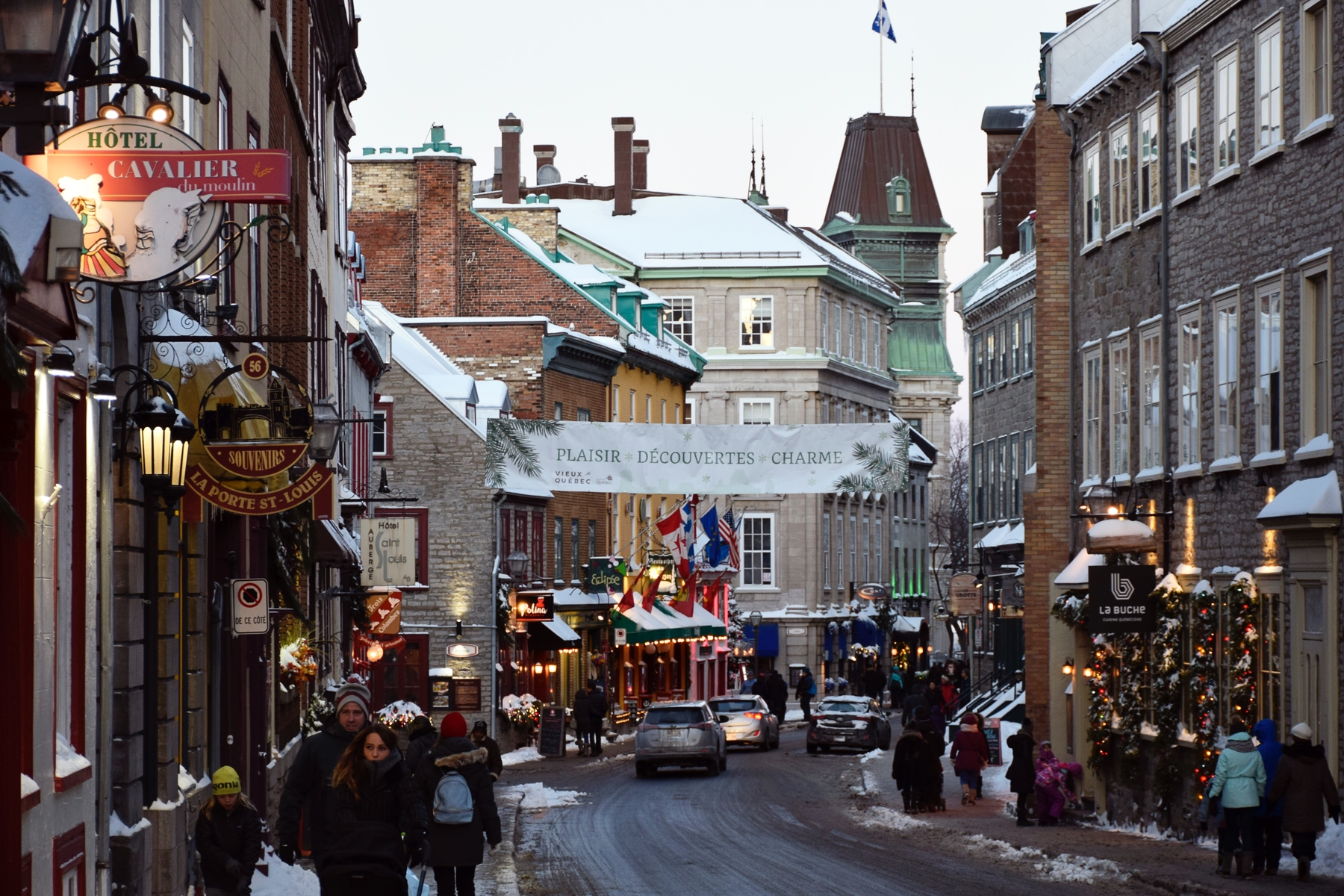 Quebec City streets in Vieux Quebec in winter during the day