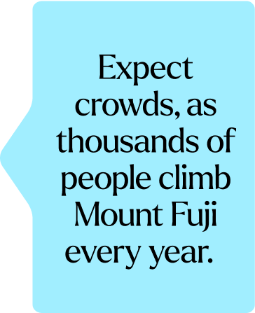 A small infographic which reads:Expect crowds, as thousands of people climb Mount Fuji every year.