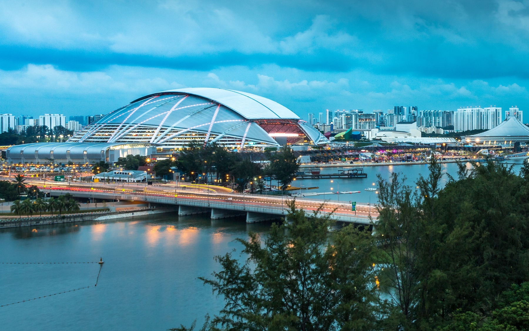 The Singapore Sports Hub at dusk