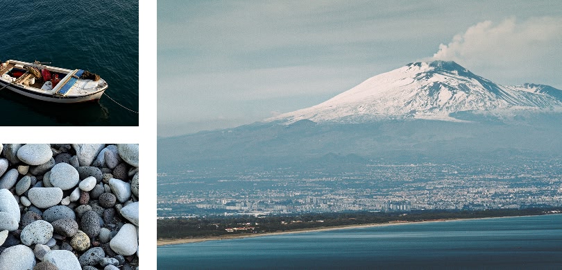 Collage di una barca, ciottoli e l'Etna.