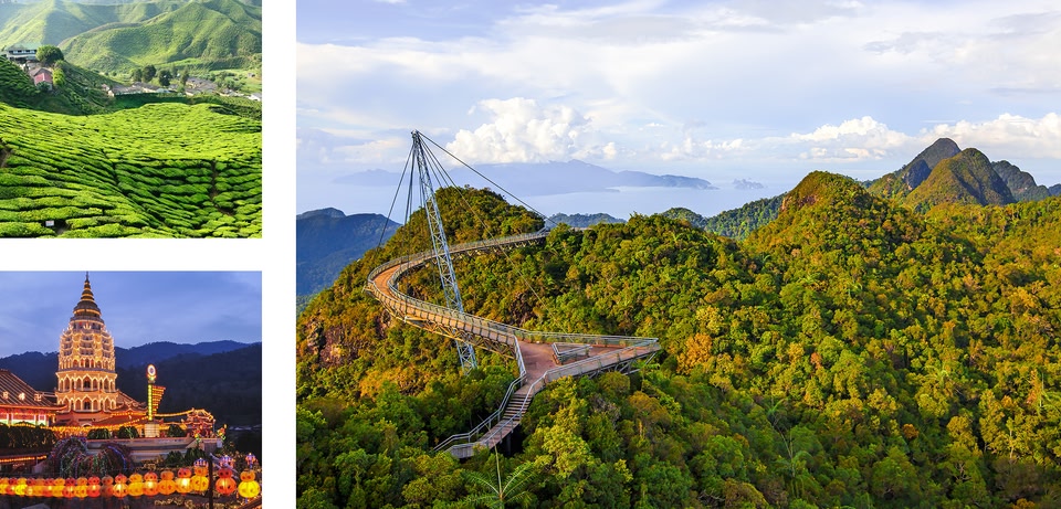3 images: 1 of Langkawi Sky Bridge, I of a lit up traditional building at night and 1 of a green country side