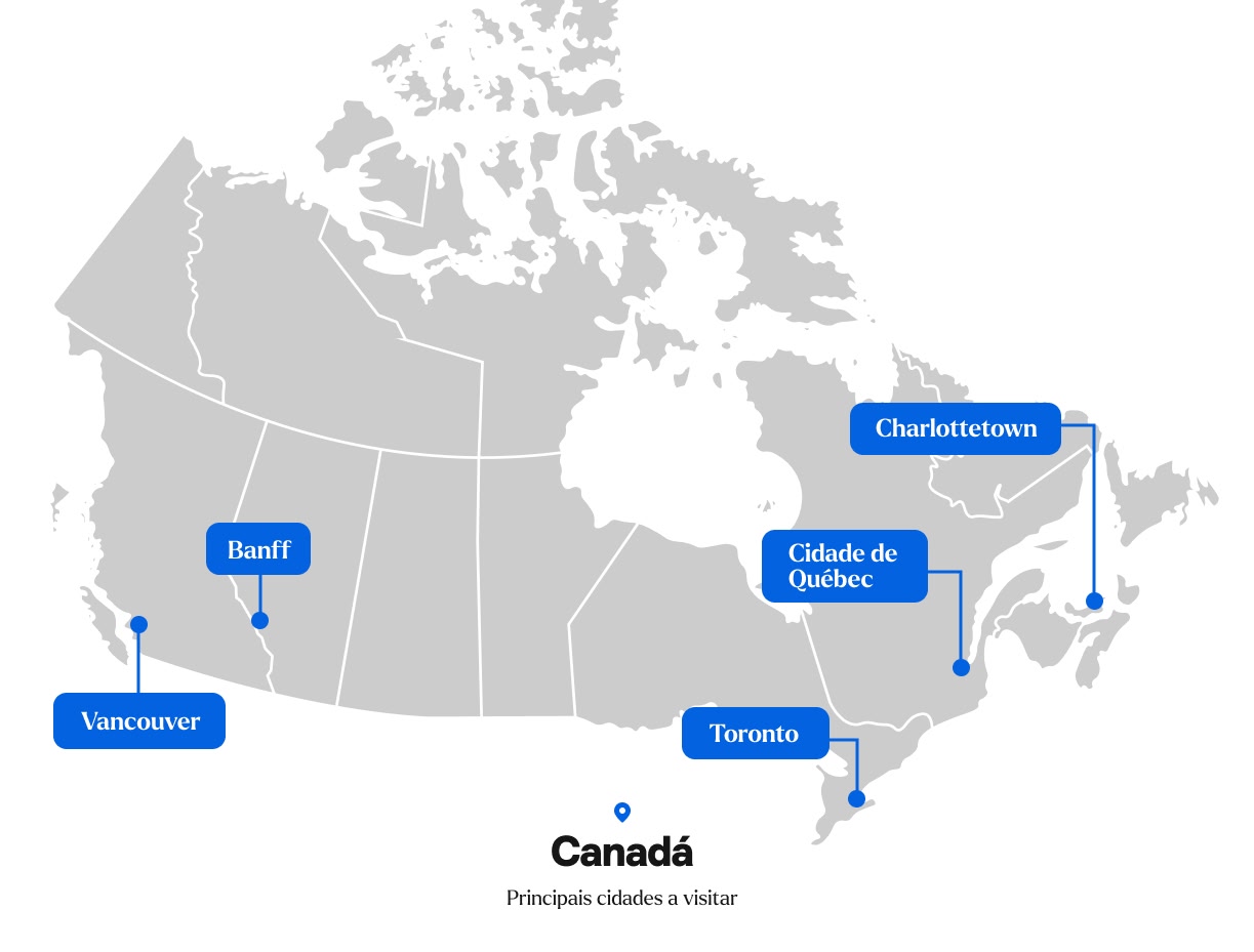 Um mapa do Canadá que mostra a localização dos distritos listados abaixo.