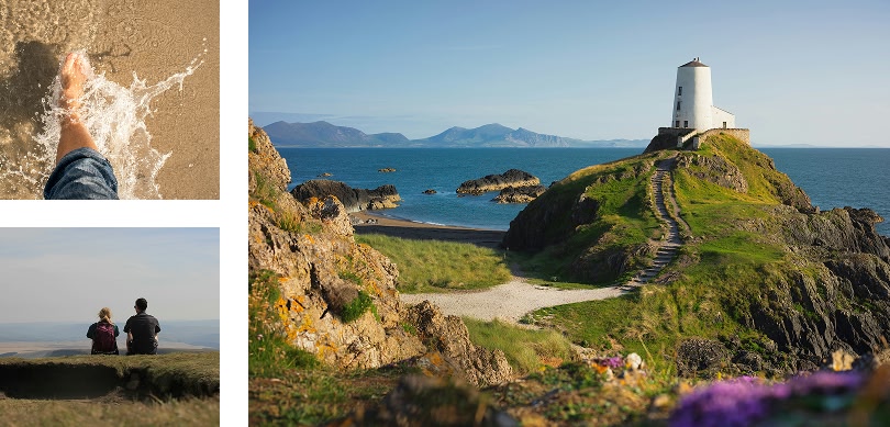 3 images, one of someone walking in the water on the beach, one with a white building on top of a hill and another with two people sat on top of a hill