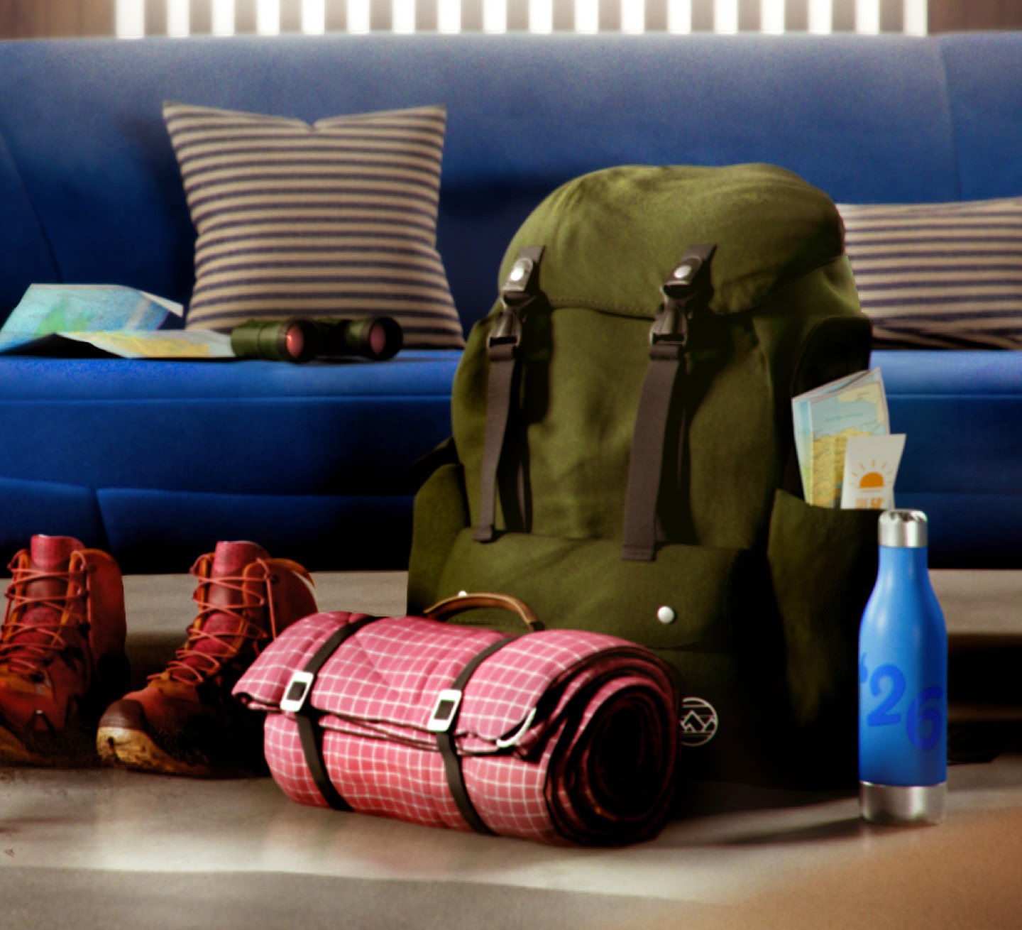 A green backpack alongside hiking accessories for travellers visiting the mountains