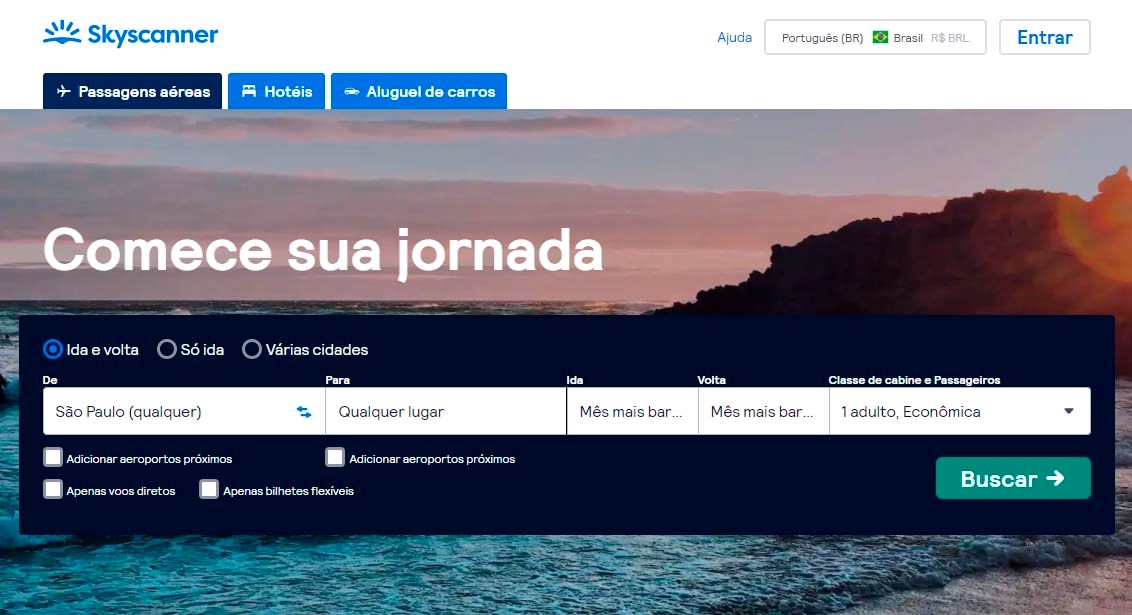 Homepage do site do Skyscanner
