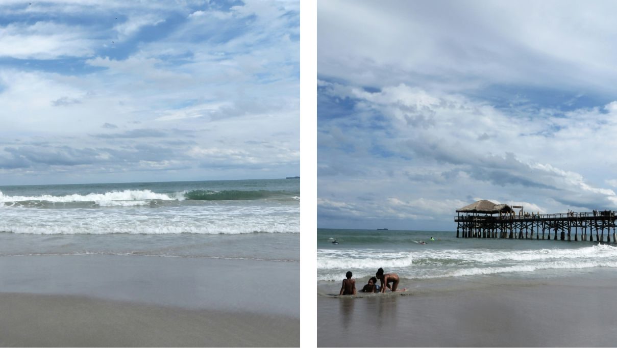 Strände in Orlando mit Kindern, die an einem bewölkten Tag am Meeresufer spielen.