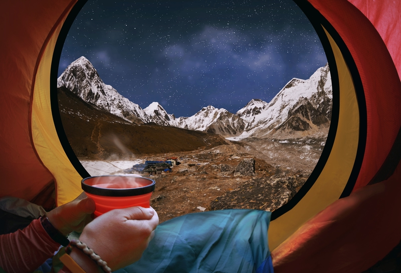 in tent drink hot tea