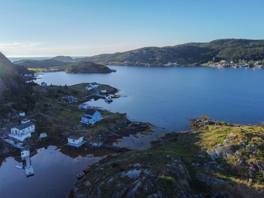 afternoon bird's eye view of the Bay of Exploits in central Newfoundland