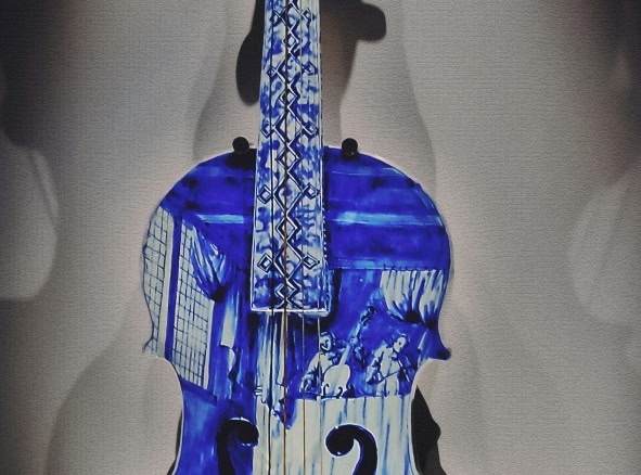 Blue and white illustration of a violin.