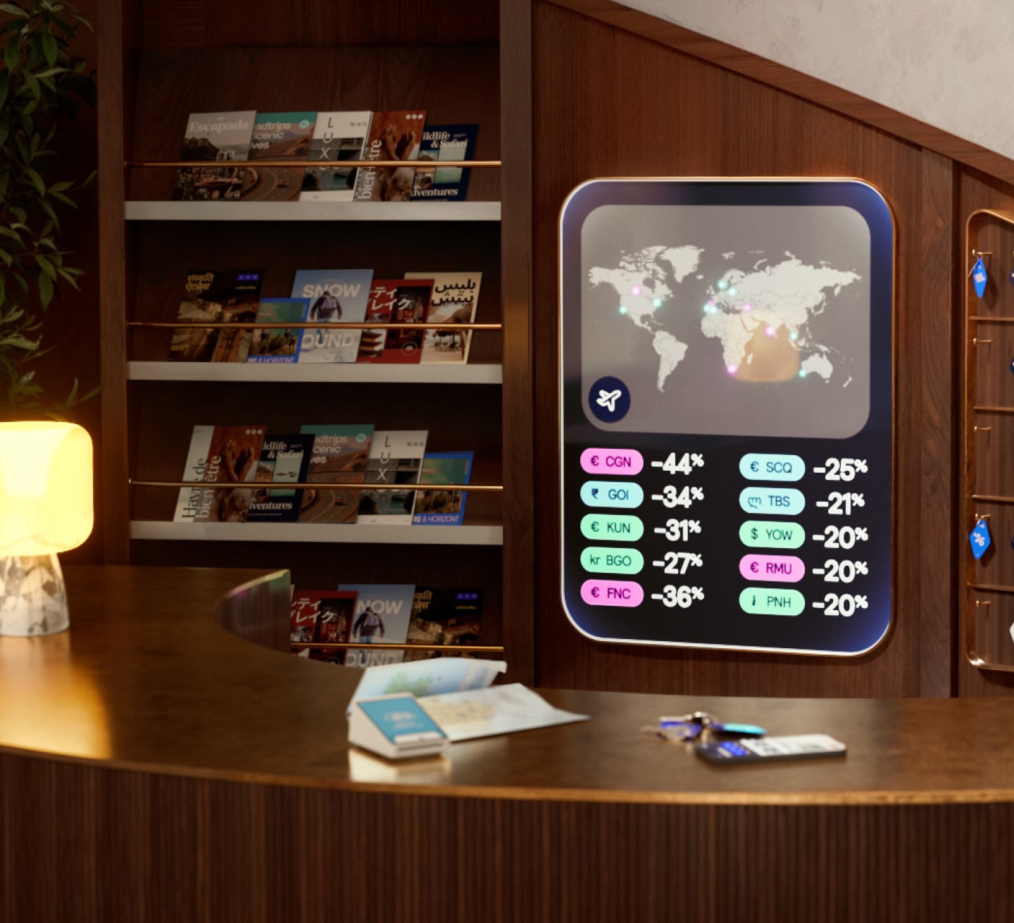 Hotel reception with large LED screen on the wall displaying the best value destinations for 2026