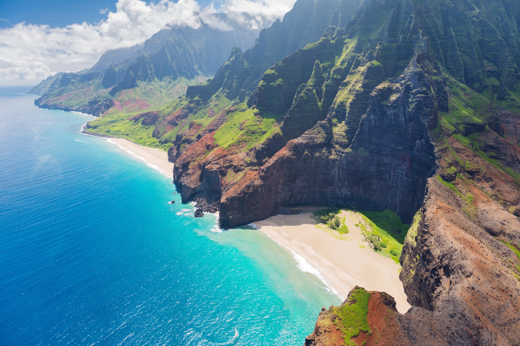 aerial view of rocky cliffs on the Napali coast of Hawaii