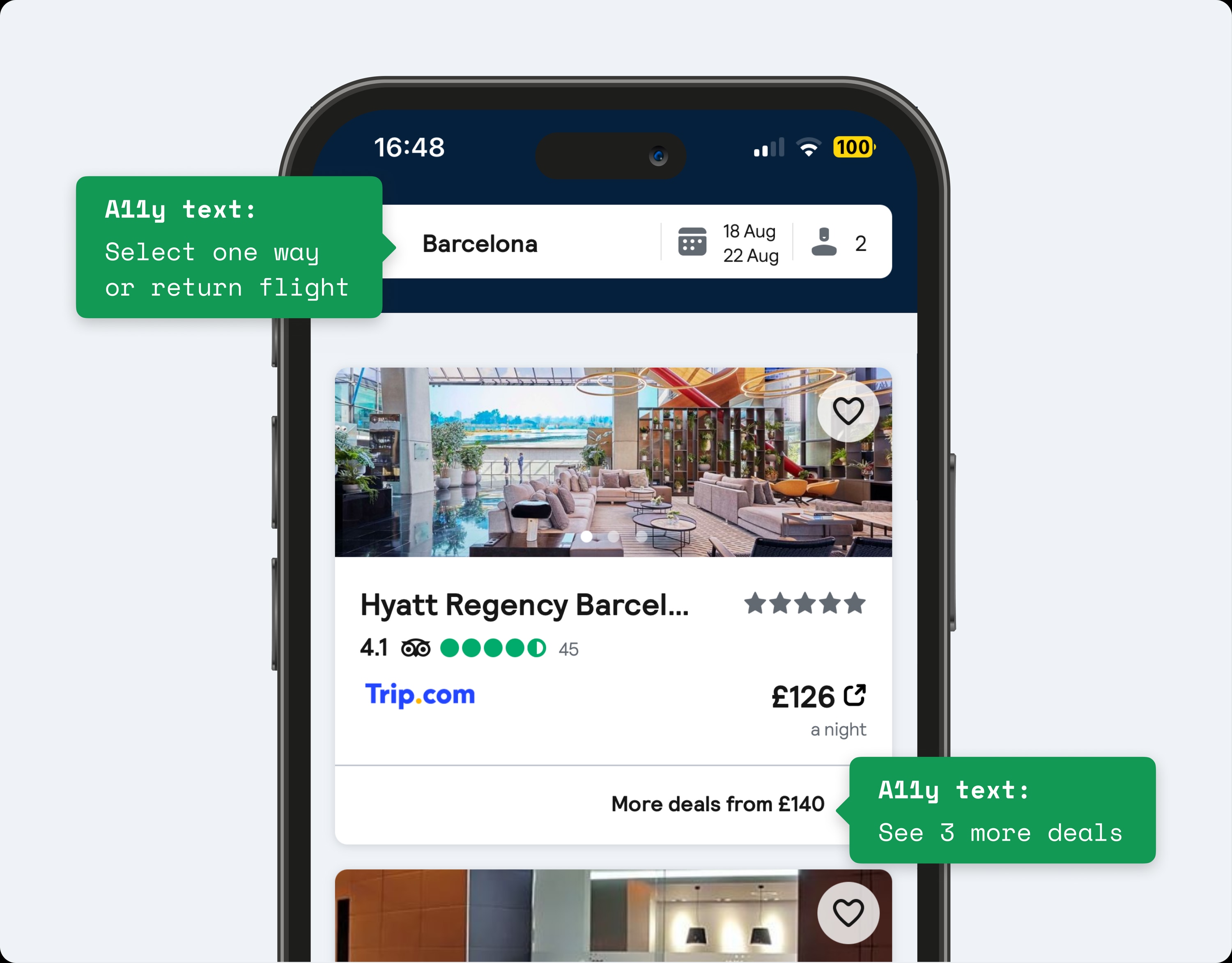 Skyscanner mobile app with accessiblity features higlighted