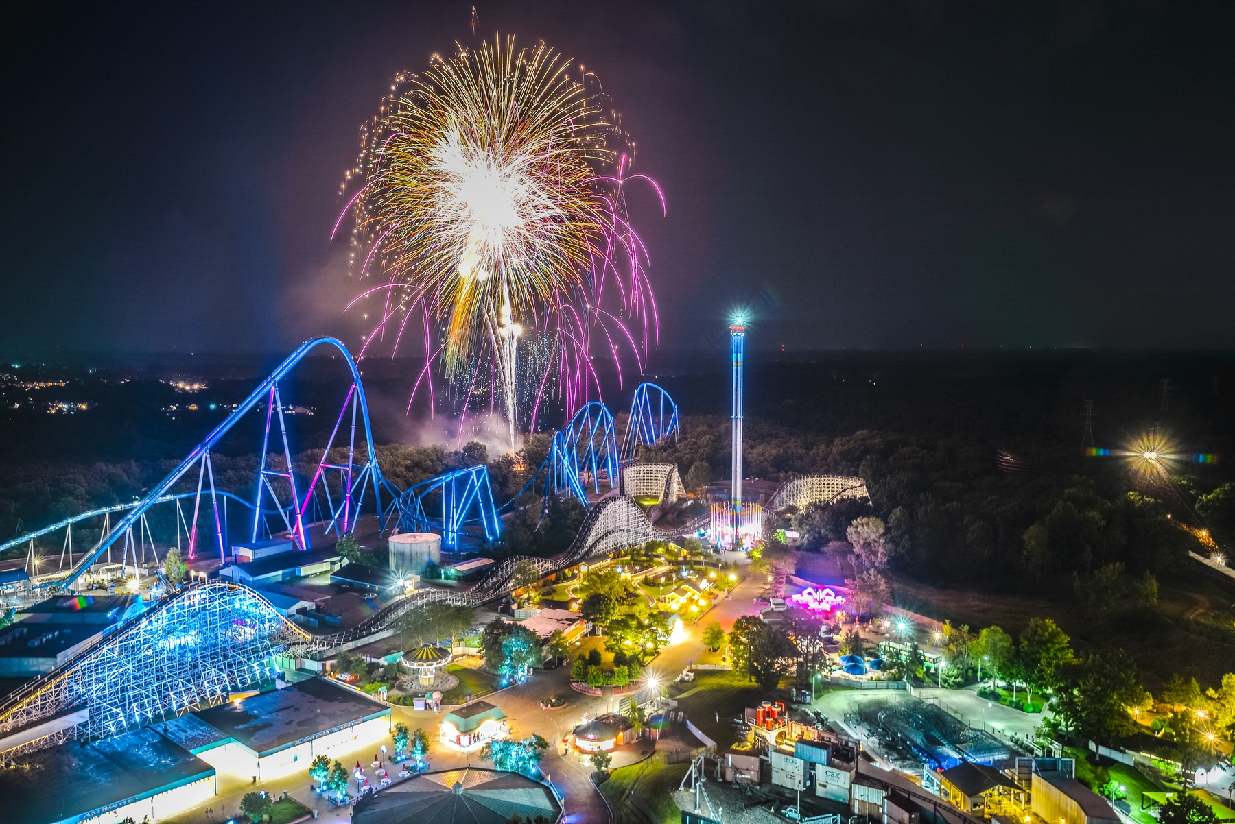 Fireworks over Kings Island theme park.