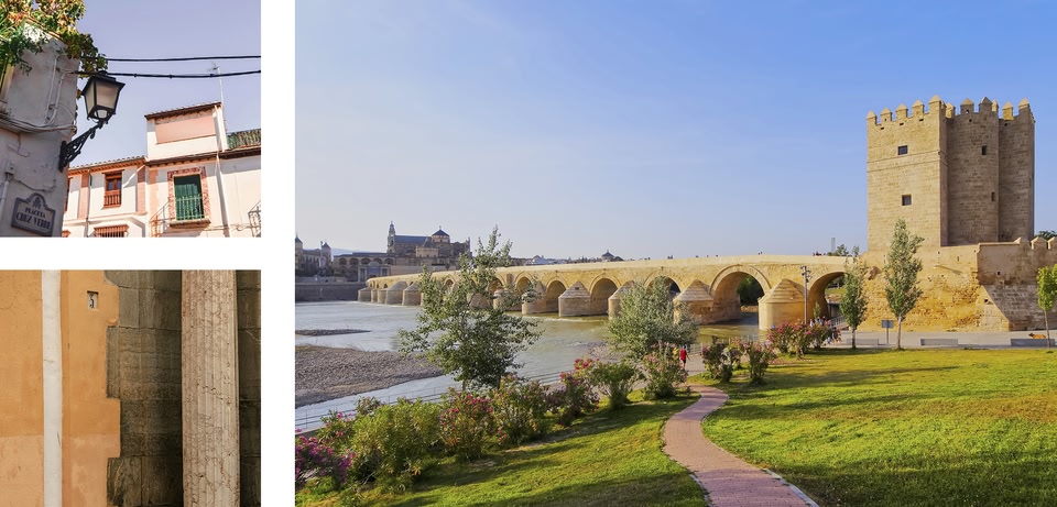 3 immagini diverse di Cordova che vanno dagli edifici al ponte