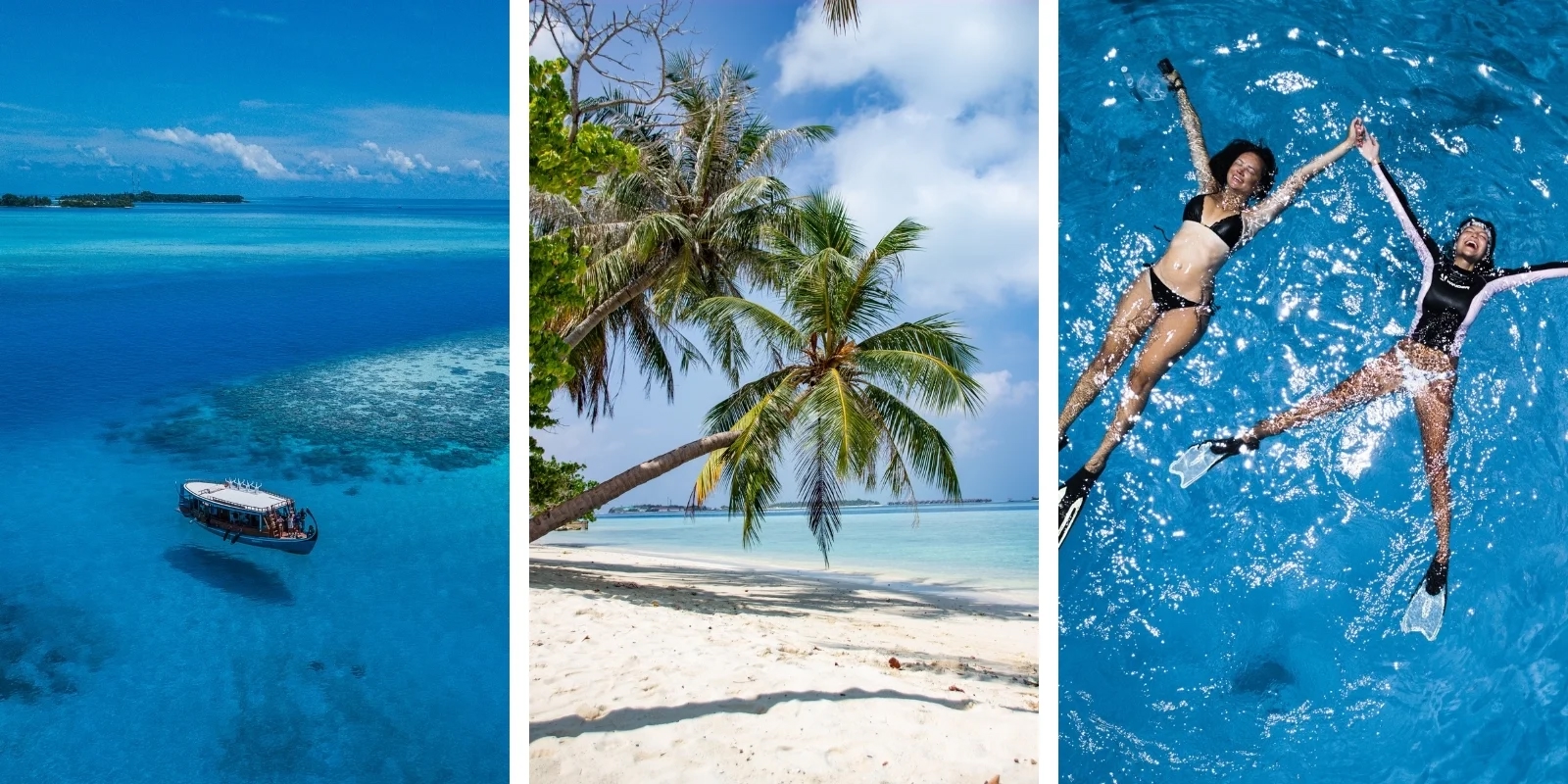 Maldivas - um país que vale ser explorado durante uma viagem desacelerada. Combo com fotos do mar azul turquesa