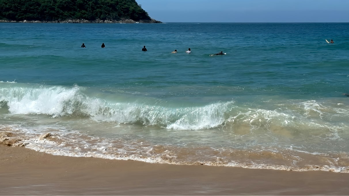 a group of people swimming in the ocean in Nai Harn Beach on a sunny day
