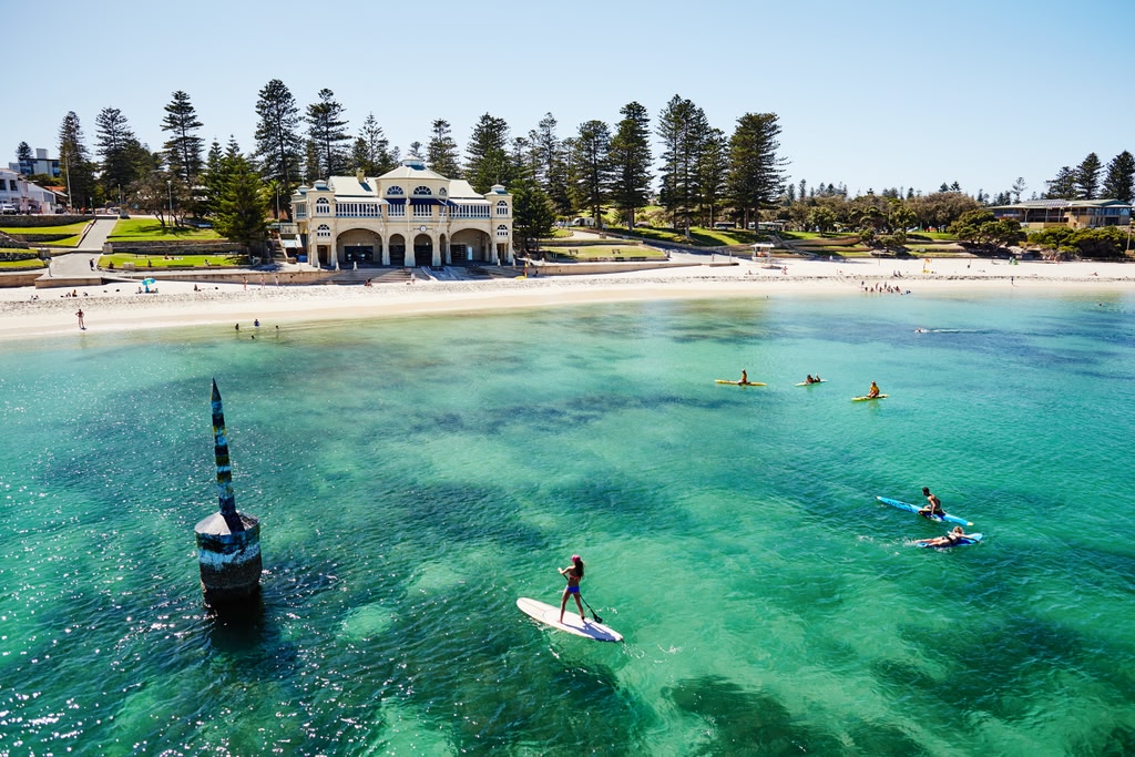 Aerial view of Cottesloe Beach, with Indiana Cottesloe in the background.