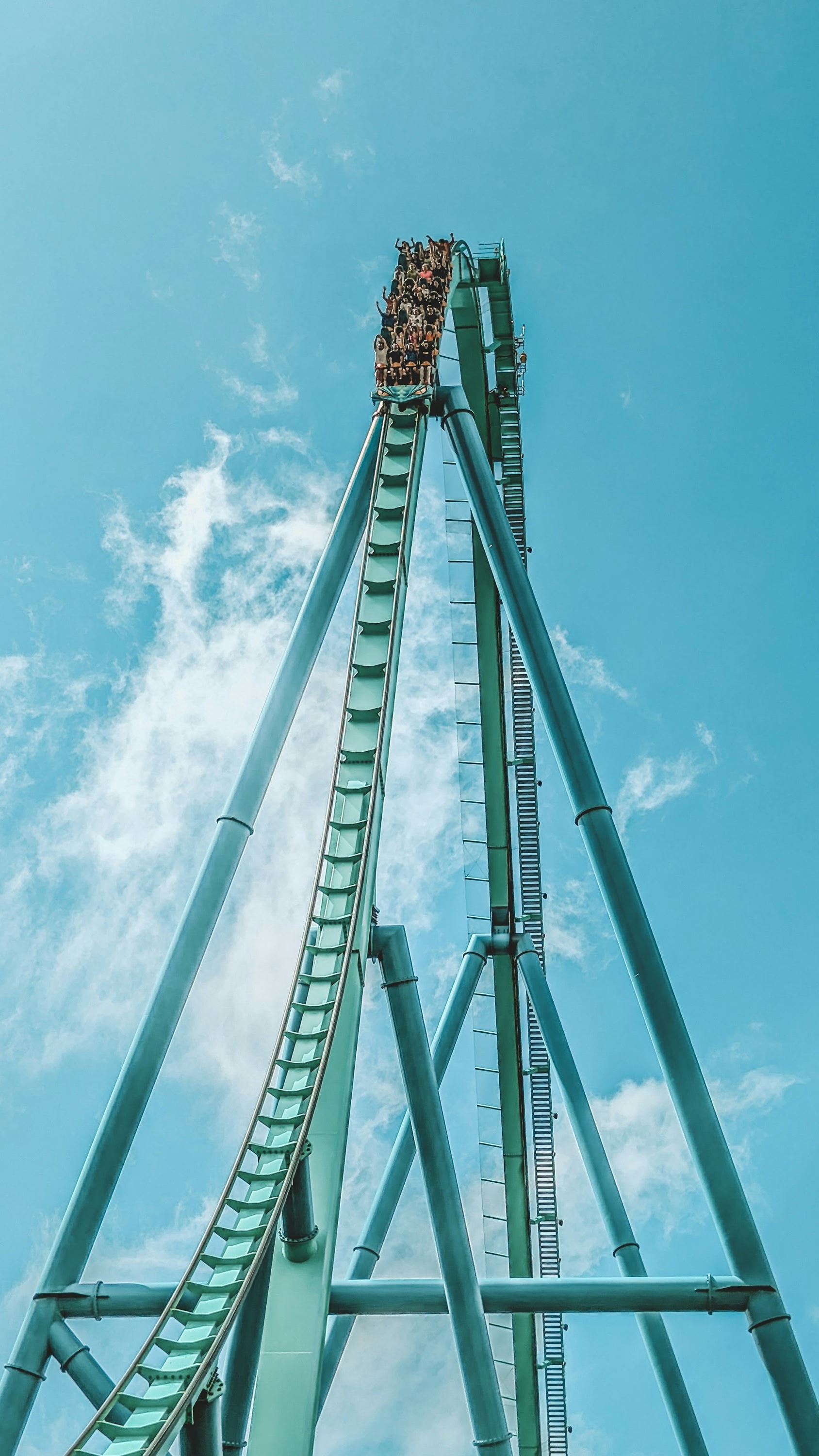 The Leviathan rollercoaster in Canada's Wonderland making the descent.