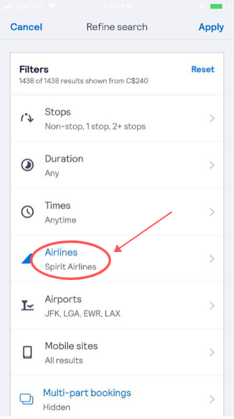 screenshot demonstrating how to filter for Spirit Airlines flights on the app