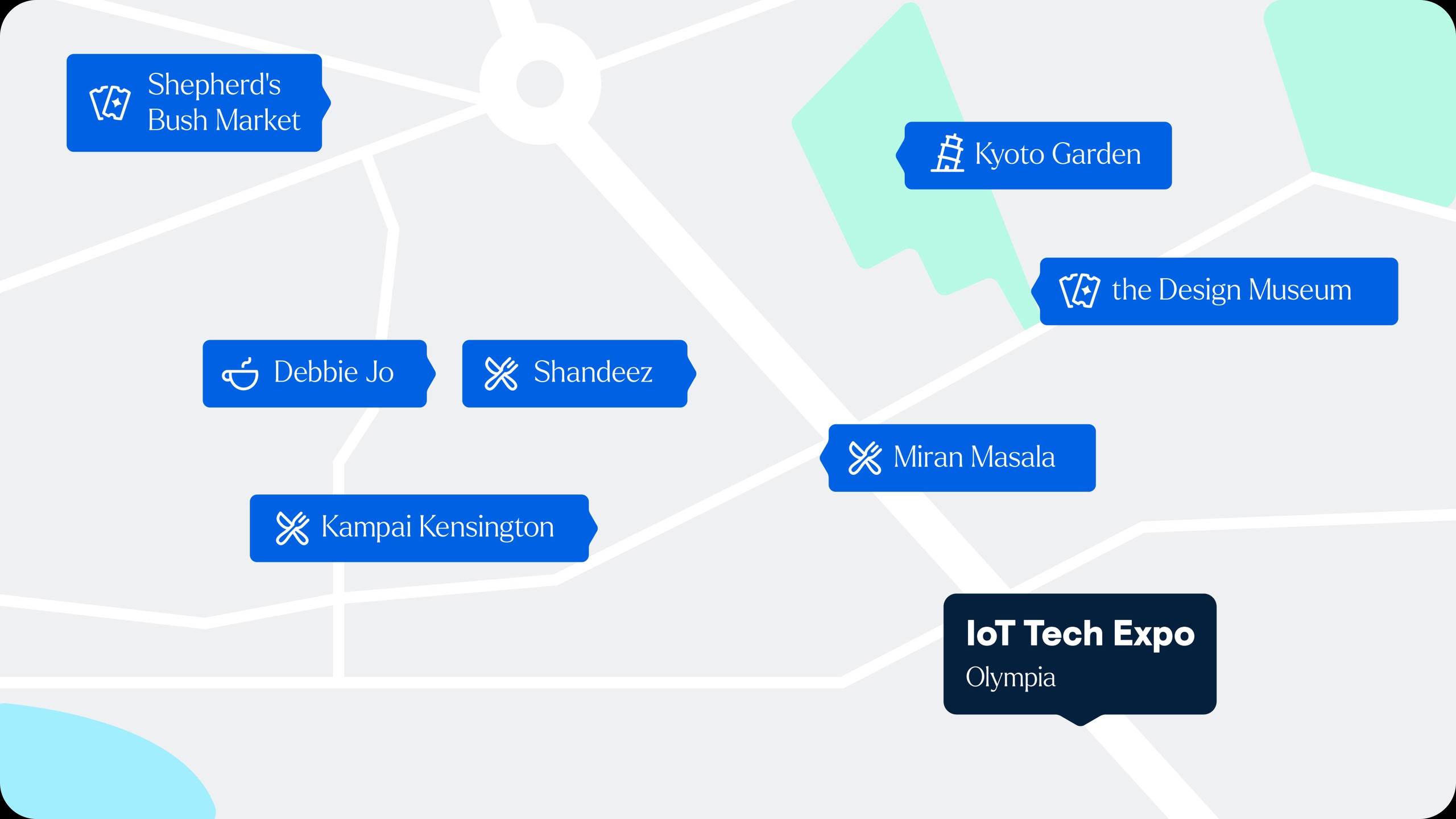 Map of the IoT Tech Expo venue location with nearby restaurants, coffee shops, and attractions.