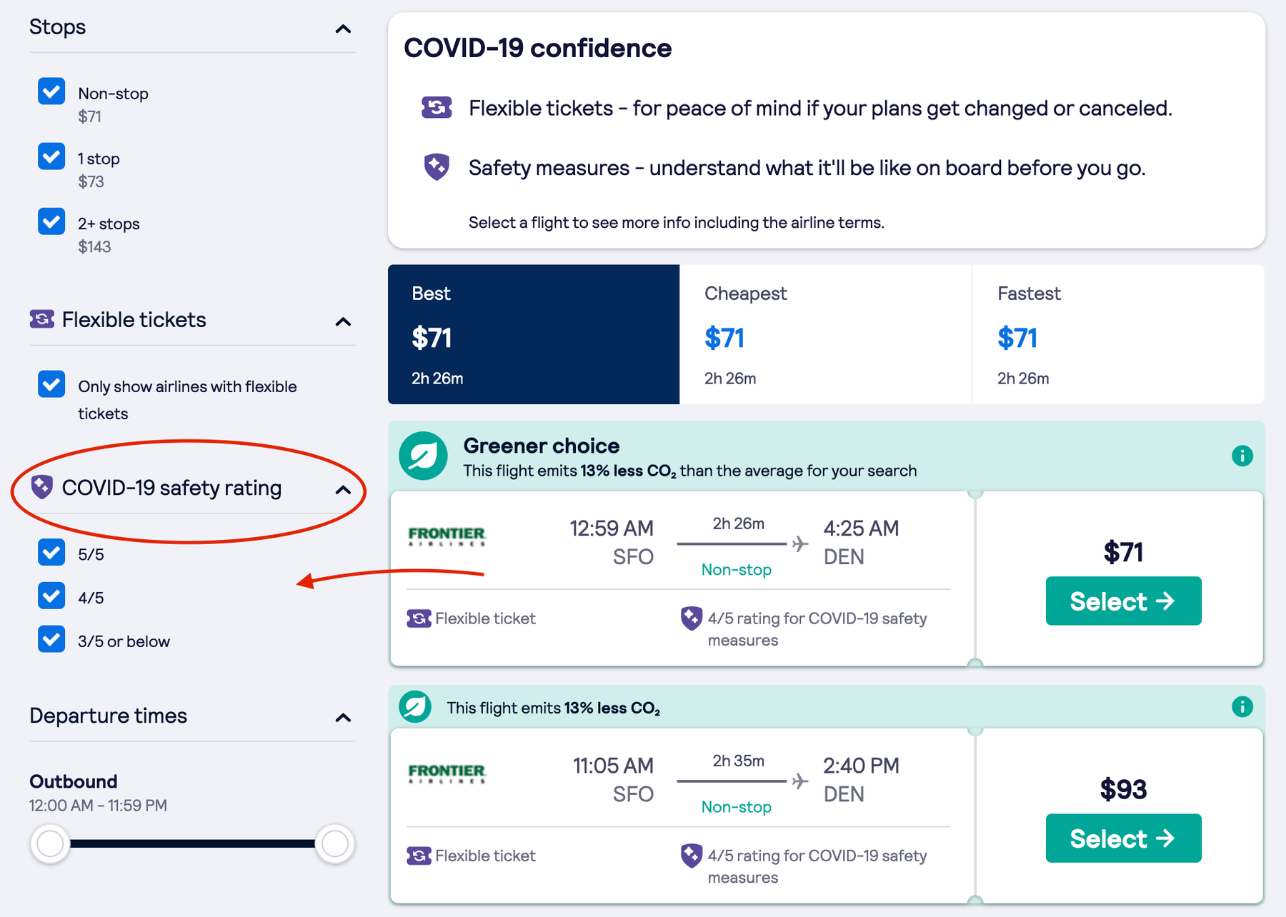 Keep an eye out for the COVID-19 airline safety rating when you do a flight search.